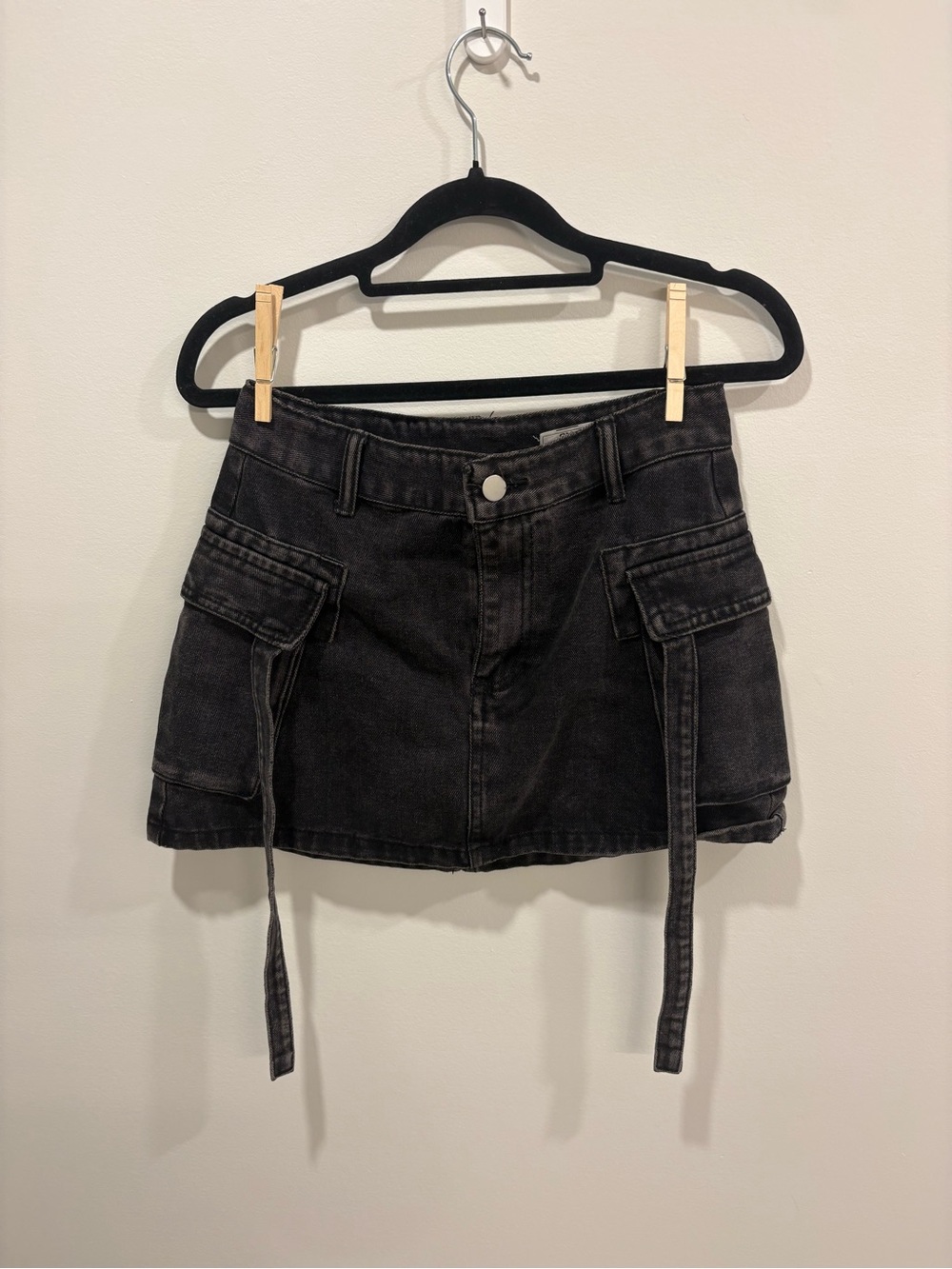 Black Denim Cargo Mini Skirt